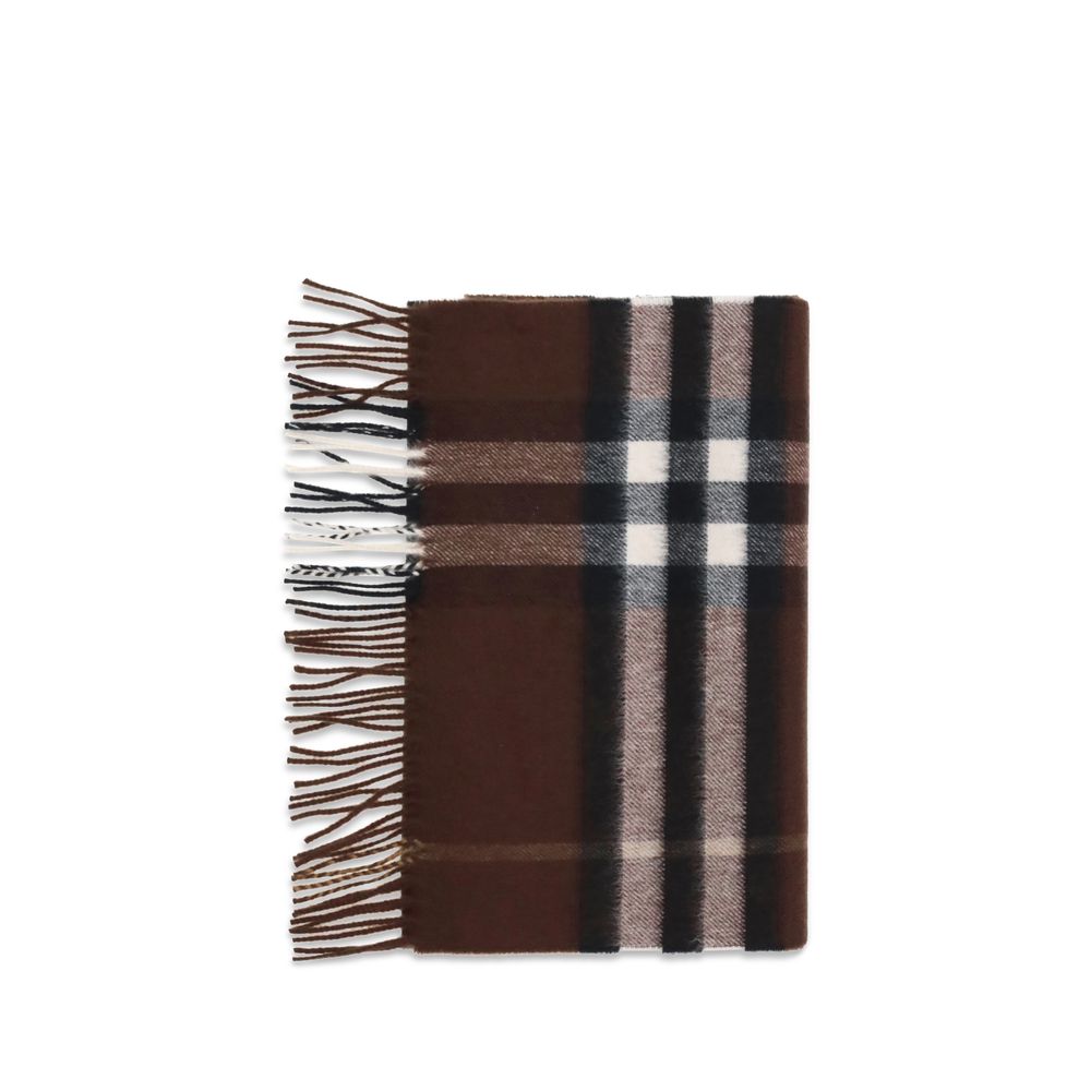 Burberry Brown Cashmere Scarf with classic check pattern and elegant fringe detailing.