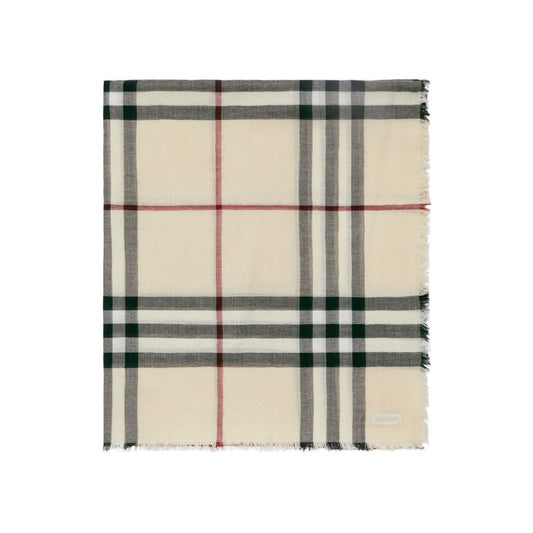 Burberry Check wool scarf in beige with house check pattern, raw-cut edge, logo tag, 200cm length and 90cm width.