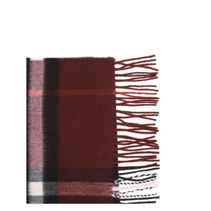 Burberry Red Cashmere Scarf with check pattern, featuring elegant fringe and ultra-soft finish, crafted in Scotland.