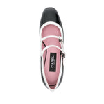 CAREL PARIS With Heel Black patent leather pump with double buckle fastening, branded insole, and low block heel, top view.