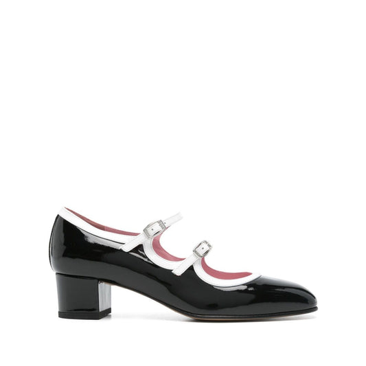 CAREL PARIS With Heel Black patent leather pumps with double buckle fastening and low block heel, featuring branded insole.
