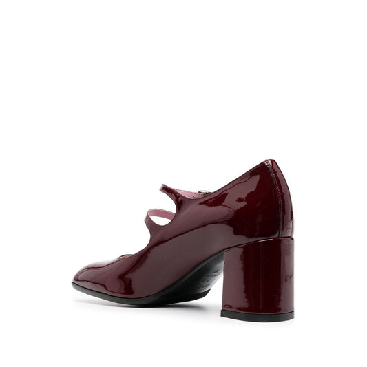 CAREL PARIS With Heel Bordeaux burgundy calf leather pumps with patent finish, square toe, side buckle, and 65mm block heel.
