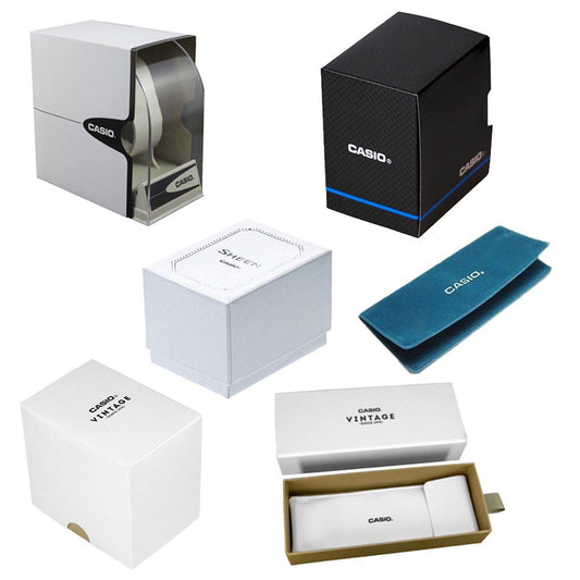 Assorted packaging boxes for CASIO wristwatches, showcasing brand diversity in presentation styles.