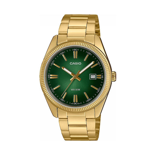 CASIO COLLECTION Mod. DATE, GOLD - GREEN wristwatch with SS IP gold case and strap, quartz movement, 5 ATM water resistance.