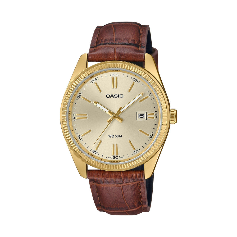CASIO COLLECTION Mod. DATE GOLD. LEATHER - CHAMPAGNE wristwatch with gold metal case, leather strap, and official packaging.