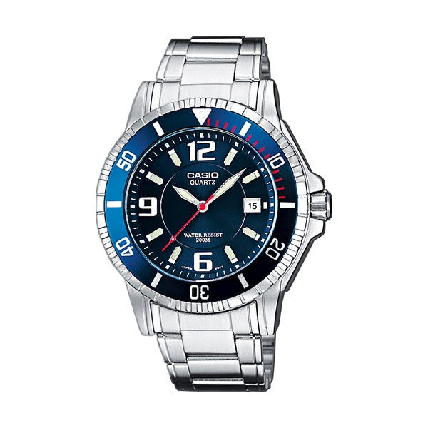 CASIO COLLECTION Mod. DIVER 200m NEOBRITE - BLUE wristwatch with stainless steel strap and water resistance up to 20 ATM.