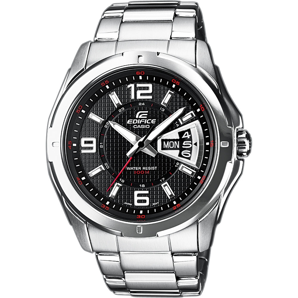 CASIO EDIFICE Mod. CLASSIC DAY DATE - BLACK quartz wristwatch, stainless steel case and strap, water resistant with day and date functions.
