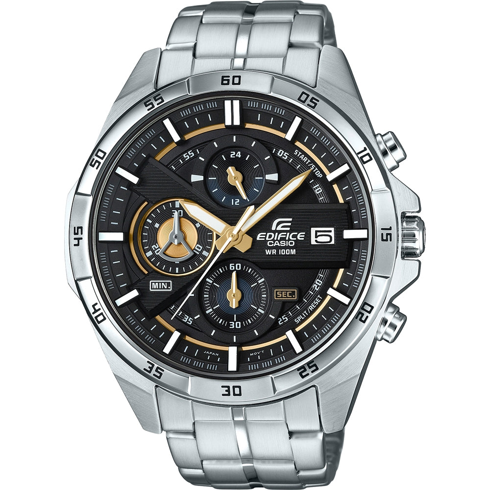 CASIO EDIFICE Mod. MULTILAYER CHRONOGRAPH - BLACK GOLD wristwatch with stainless steel case and bracelet, featuring a water-resistant 10 ATM design.