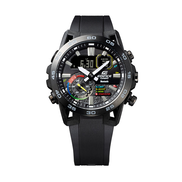 CASIO EDIFICE Mod. RACING MULTI COLOR SERIE wristwatch with a multifunction quartz movement and water-resistant design, shown in official packaging.