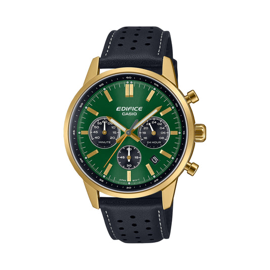 CASIO EDIFICE Mod. STANDARD CHRONOGRAPH GOLD - GREEN men's wristwatch, 10 ATM water resistant, quartz movement, leather strap, gold case.