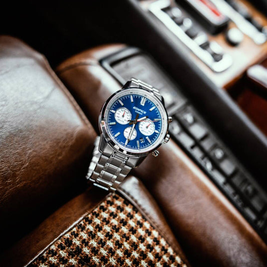 CASIO EDIFICE WATCHES Mod. EFR-575D-2AEF, stainless steel, quartz chronograph wristwatch on car seat, gent's collection, official packaging.