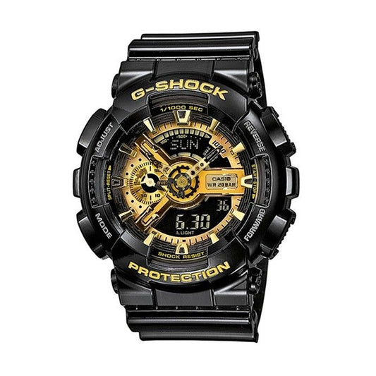 CASIO G-SHOCK Mod. GS-BASIC - BLACK ADN GOLD SERIES wristwatch with 20 ATM water resistance, quartz movement, resin case and strap.