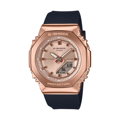 CASIO G-SHOCK Mod. MINI OAK G-STEEL ladies wristwatch with water-resistant rose gold case, multifunction dial, and resin strap.