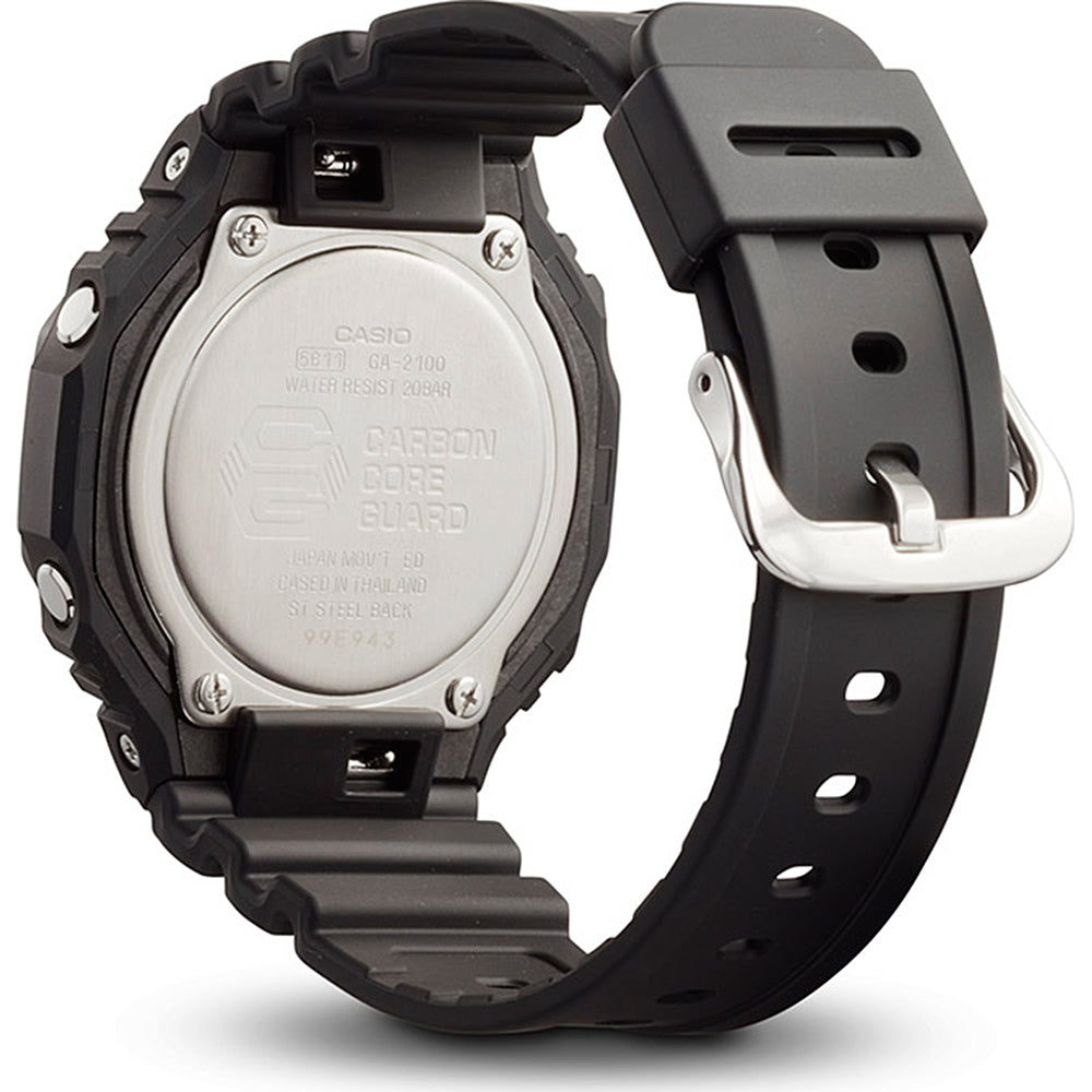 Back view of CASIO G-SHOCK Mod. OAK Black showing carbon and resin case with water resistance up to 20 ATM.