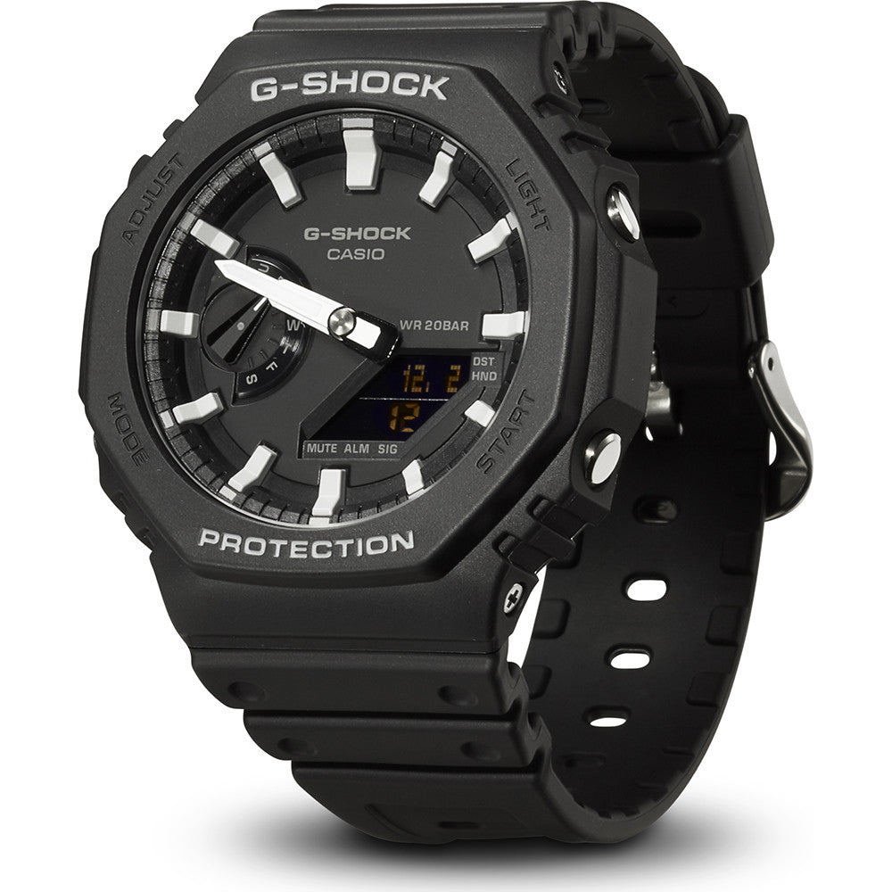 CASIO G-SHOCK Mod. OAK Black wristwatch, 20 ATM water resistance, 45.5 mm carbon & resin case, quartz movement, shown in official packaging.