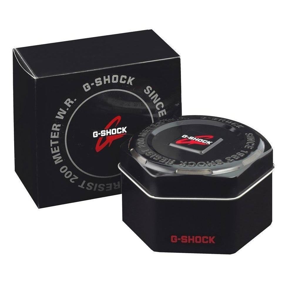 Official packaging of CASIO G-SHOCK Mod. OAK Black wristwatch, featuring black box and protective case for durability.