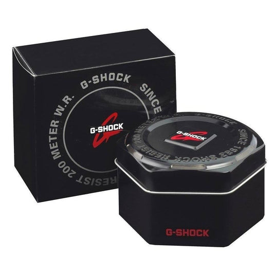 Official packaging box for CASIO G-SHOCK Mod. OAK G-STEEL PETROL BLUE watch with branding and 200 meter water resistance feature.