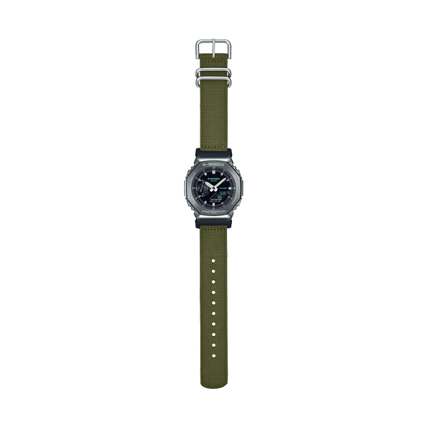 Alt Tag: CASIO G-SHOCK Mod. OAK  METAL COVERED - UTILITY SERIE KHAKI GREEN wristwatch with khaki fabric strap and multifunctional dial.