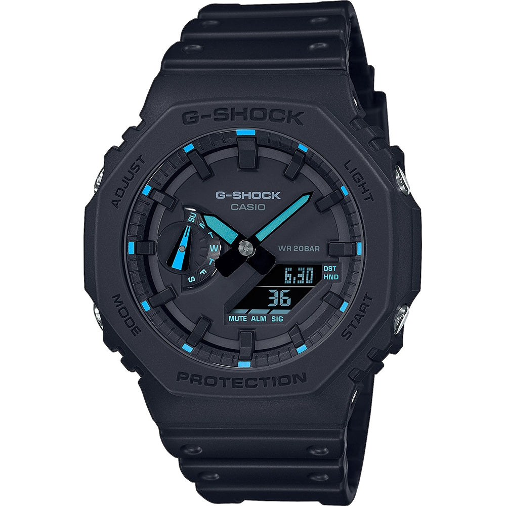 CASIO G-SHOCK Mod. OAK - Neon Blue Index wristwatch with 20 ATM water resistance, carbon and resin case, multifunction quartz movement.