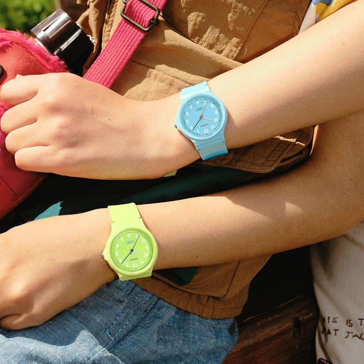 CASIO TIMELESS COLLECTION Mod. POP - BIO RESIN STRAP - LEMON GREEN wristwatch on a person's wrist, showcasing stylish design.