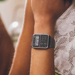 CASIO VINTAGE Mod. CALCULATOR EDGY COLLECTION - FULL BLACK ***SPECIAL PRICE*** wristwatch with stainless steel strap on wrist