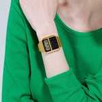 CASIO VINTAGE Mod. CALCULATOR EDGY COLLECTION - GOLD ***SPECIAL PRICE*** wristwatch on wrist, showcasing gold finish and digital display.