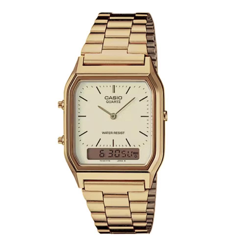 CASIO VINTAGE Mod. EDGY COLLECTION SUNRAY DIAL - GOLD unisex wristwatch with quartz movement, metal strap, and water resistance.