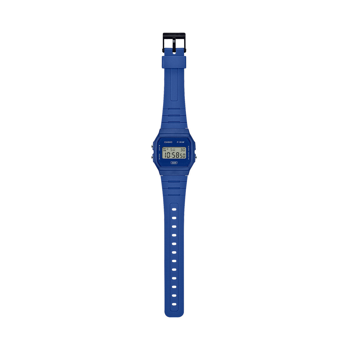 CASIO VINTAGE Mod. F-91 BIO RESIN STRAP - BLUE wristwatch with unisex design, quartz movement, and multifunction features, on a white background.