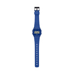 CASIO VINTAGE Mod. F-91 BIO RESIN STRAP - BLUE wristwatch with unisex design, quartz movement, and multifunction features, on a white background.