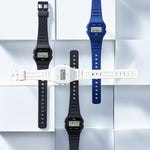 CASIO VINTAGE Mod. F-91 BIO RESIN STRAP - BLUE wristwatches with multifunction quartz movement in black, white, and blue designs.