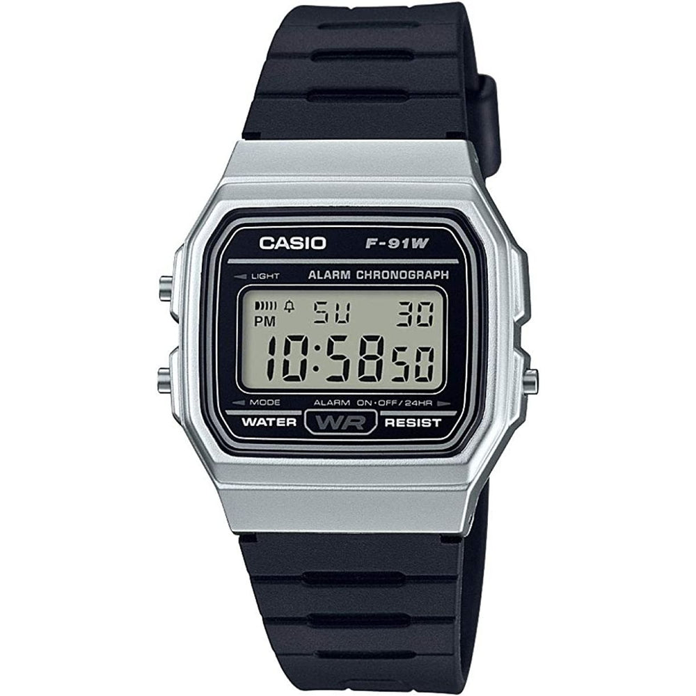 CASIO VINTAGE Mod. F-91 BIO RESIN STRAP - SILVER with black resin strap, unisex wristwatch, 35mm case, 3 ATM water resistance.