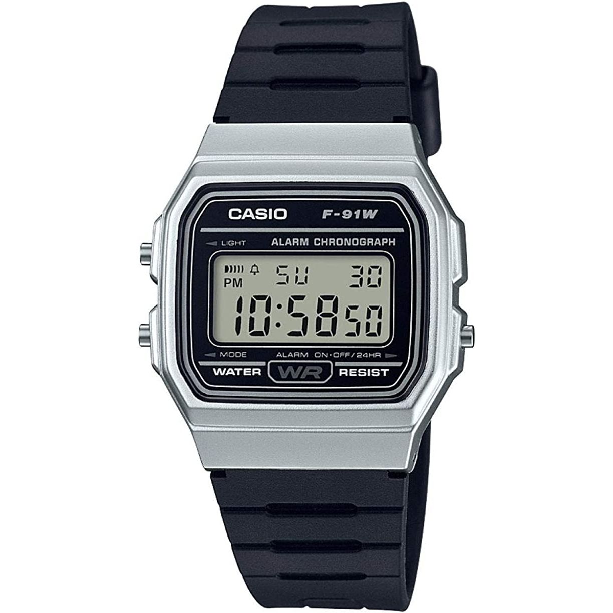 CASIO VINTAGE Mod. F-91 BIO RESIN STRAP - SILVER with black resin strap, unisex wristwatch, 35mm case, 3 ATM water resistance.
