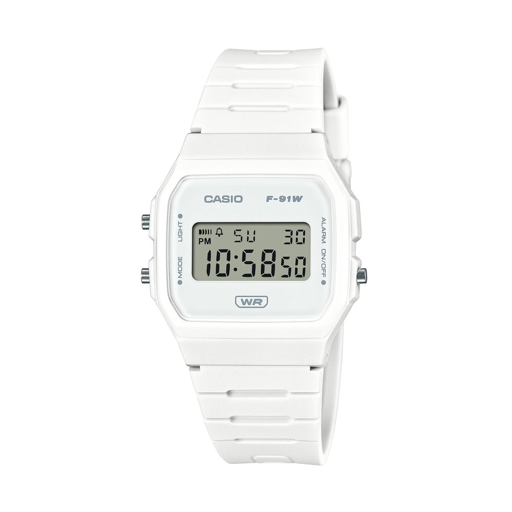 CASIO VINTAGE Mod. F-91 BIO RESIN STRAP - WHITE unisex wristwatch with quartz movement, multifunction features, and mineral dial.