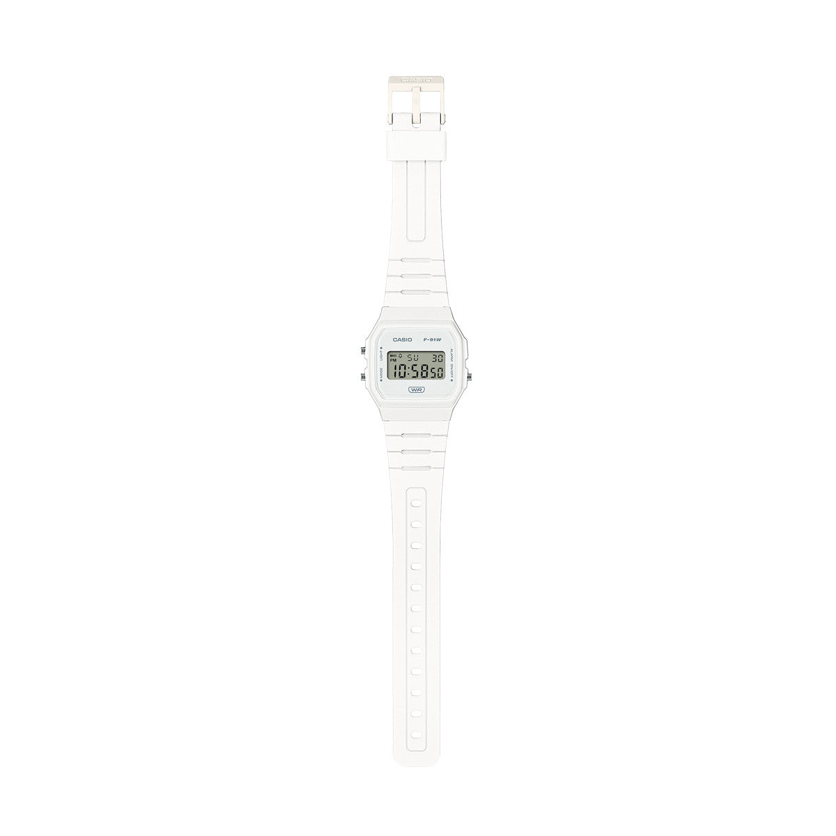 CASIO VINTAGE Mod. F-91 BIO RESIN STRAP - WHITE wristwatch with 3 ATM water resistance, resin case and strap, quartz movement, unisex design.