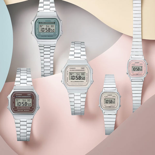 CASIO VINTAGE Mod. ICONIC - AVIO wristwatches with metal straps, showing multifunction quartz movement and 3 ATM water resistance.