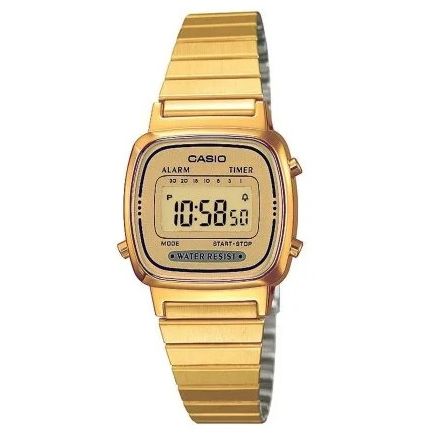 Alt Tag: CASIO VINTAGE Mod. ICONIC MINI STEEL - FULL GOLD lady's wristwatch with gold resin case, quartz movement, and multifunction display.