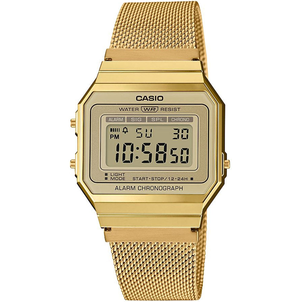 CASIO VINTAGE Mod. ICONIC SLIM DESIGN - GOLD MESH unisex wristwatch, mesh strap, resin case, quartz movement, multifunction, water resistant.