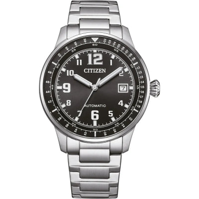 CITIZEN MOD. MILITARY watch with stainless steel bracelet and black dial, featuring date display and luminous hands.