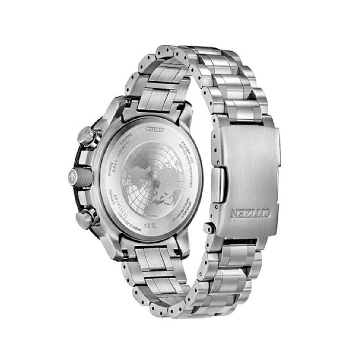 Back view of CITIZEN MOD. PROMASTER GEO TREKKER showing stainless steel bracelet and engraved details.