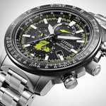 CITIZEN MOD. PROMASTER GEO TREKKER watch with stainless steel band and detailed black dial showing world time and compass features.