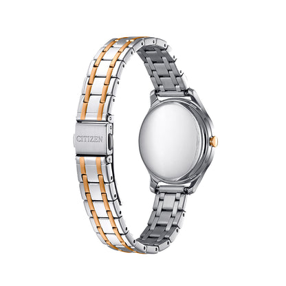 CITIZEN Mod. ELEGANCE ladies wristwatch with stainless steel and gold-tone bracelet, Eco Drive movement, shown in official packaging.