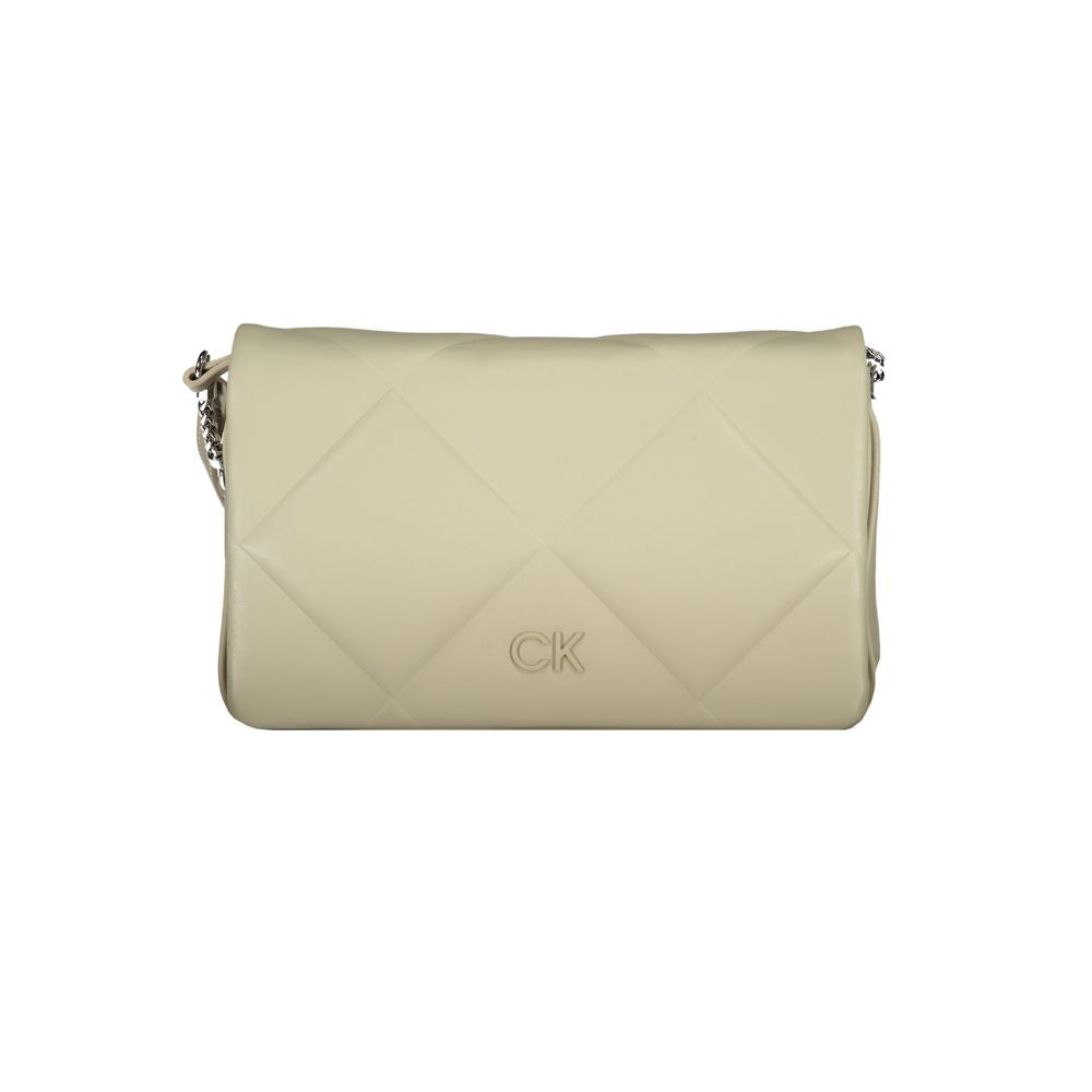 Calvin Klein Beige Cotton Handbag with adjustable strap, two compartments, card pocket, contrasting details, and snap closure.