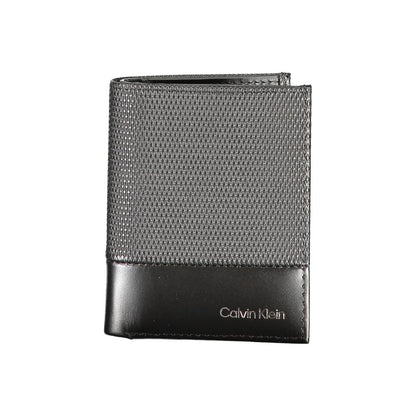 Calvin Klein Black Leather Wallet with coin purse, card spaces, RFID blocking, contrast details, and logo displayed.