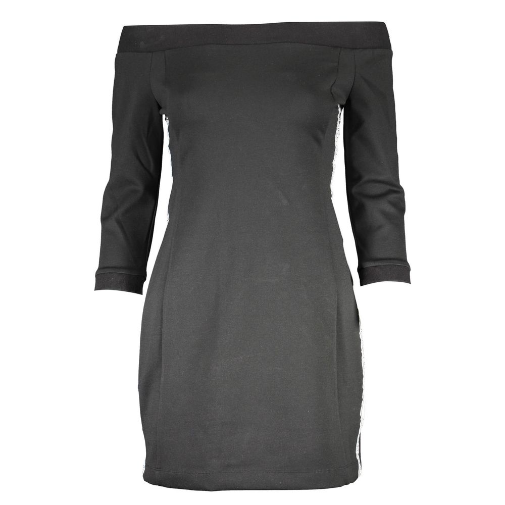 Calvin Klein Black Polyester Dress with off-shoulder neckline, 3/4 sleeves, and contrasting details. Features logo.