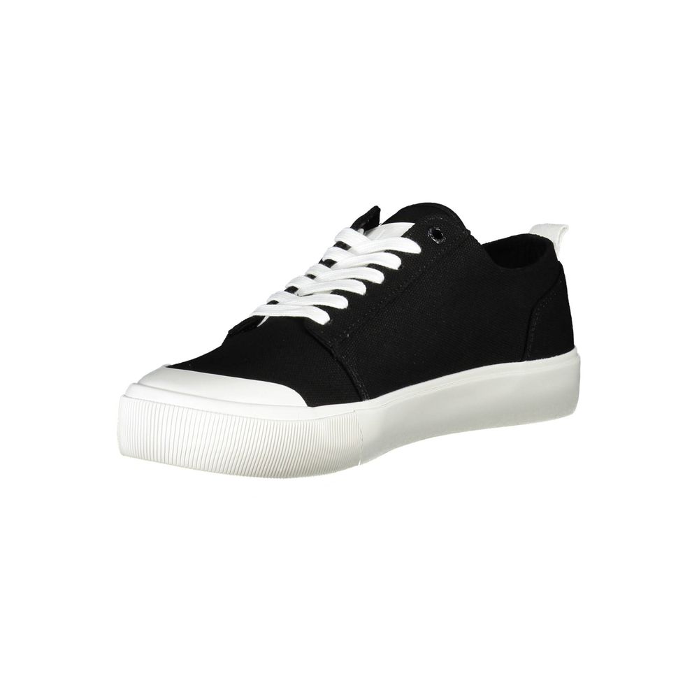 Calvin Klein Black Recycled Material Men Sneaker featuring bold black color and white sole, crafted sustainably with recycled materials.