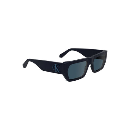 Calvin Klein Blue Acetate Women Sunglasses with rectangular blue-tinted lenses and eco-friendly design for stylish sun protection.