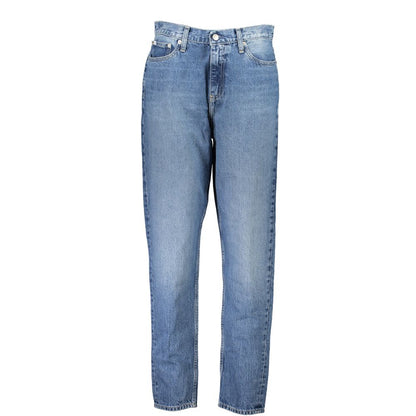 Calvin Klein Blue Cotton Women Jean with vintage washed effect and iconic logo, featuring classic five-pocket design for trendsetting fit.