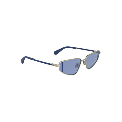 Calvin Klein Gray Metal Women Sunglasses with blue lenses and sleek rectangular frame. Lens width 57mm, bridge 15mm, temples 140mm.