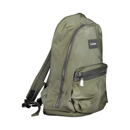 Calvin Klein Green Polyester Backpack with adjustable straps, external pocket, laptop holder, and water-repellent fabric.