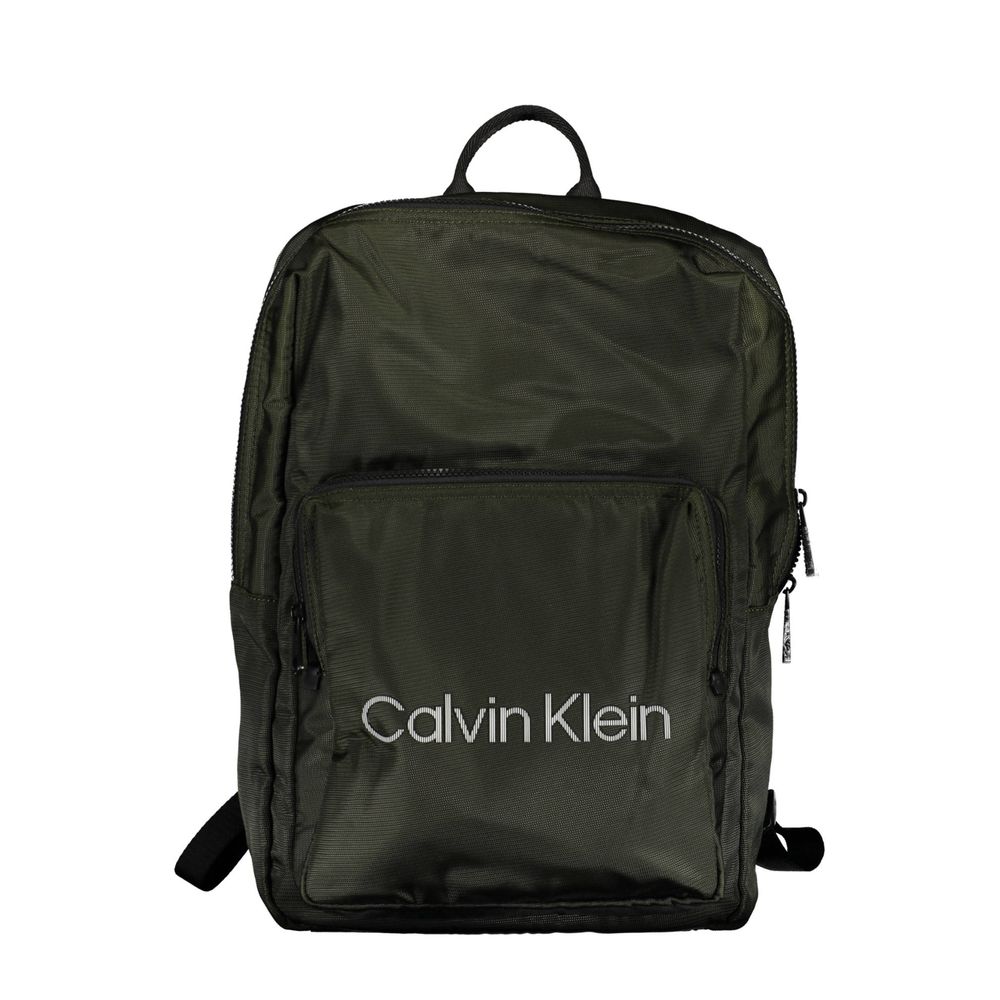 Calvin Klein Green Polyester Men Backpack with logo, featuring external pocket and laptop space for urban voyagers.